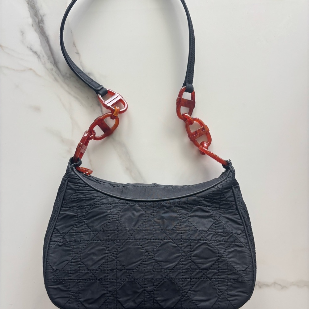 Vintage Dior cannage nylon shoulder bag with tortoiseshell strap details